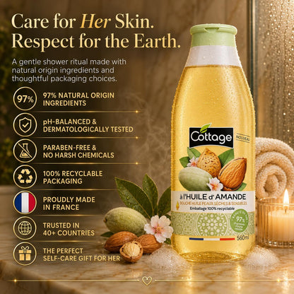 Cottage Almond Shower Oil - 560ml | 97% Natural Ingredients &amp; Glycerin | Paraben-Free, Dermatologically Tested | Extra-Nourishing &amp; Moisturising Cleansing Oil Body Wash for Dry &amp; Sensitive Skin