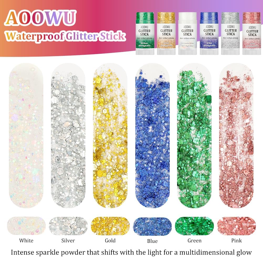 AOOWU Body Glitter Stick, Holographic Chunky Glitter Gel for Face Body Hair, Waterproof Long Lasting Shimmer Sparkle Makeup, Festival Rave Party Carnival Cosplay Accessories,Silver