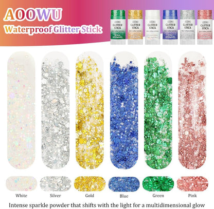 AOOWU Body Glitter Stick, Holographic Chunky Glitter Gel for Face Body Hair, Waterproof Long Lasting Shimmer Sparkle Makeup, Festival Rave Party Carnival Cosplay Accessories,Silver