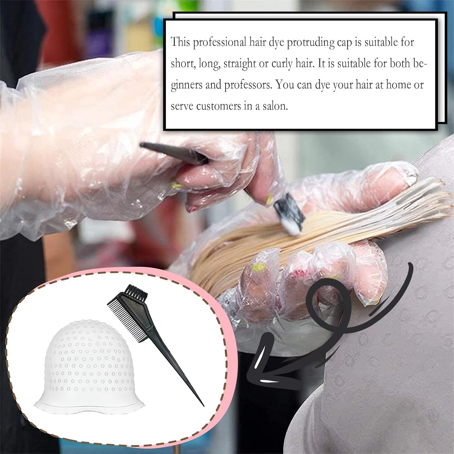 6 Pcs of Highlighting Cap, Highlighting Kit with Hook and Coloring Brush, Hair Highlighting Kit, Reusable Silicone Hat for Beauty Salons, Suitable for Men and Women'S Hair Dyeing with Highlighting Cap