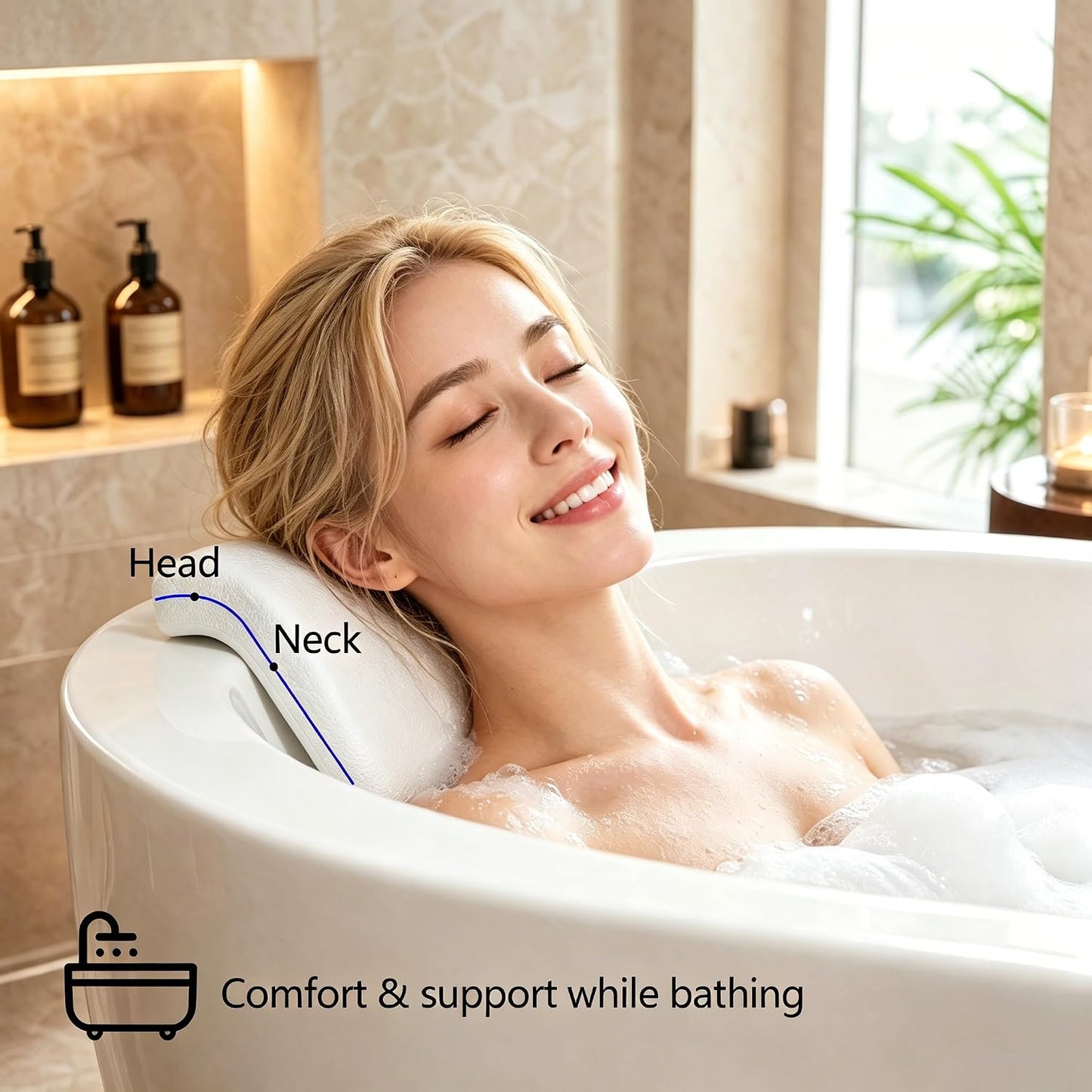 Bath Pillow Waterproof – 3D Ergonomic Bath Headrest for Head and Neck Support, Non-Slip Bathtub Pillow with Suction Cups, Luxury Bath Cushion Bathroom Accessories for Tub Relaxation - White