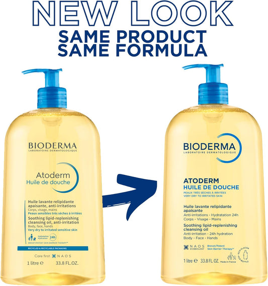Bioderma Atoderm Body Wash Family (Women, Men and Kids) Moisturizing and Cleansing Shower Oil for Very Dry Sensitive Skin, 33.80 Fl Oz 1 Liter