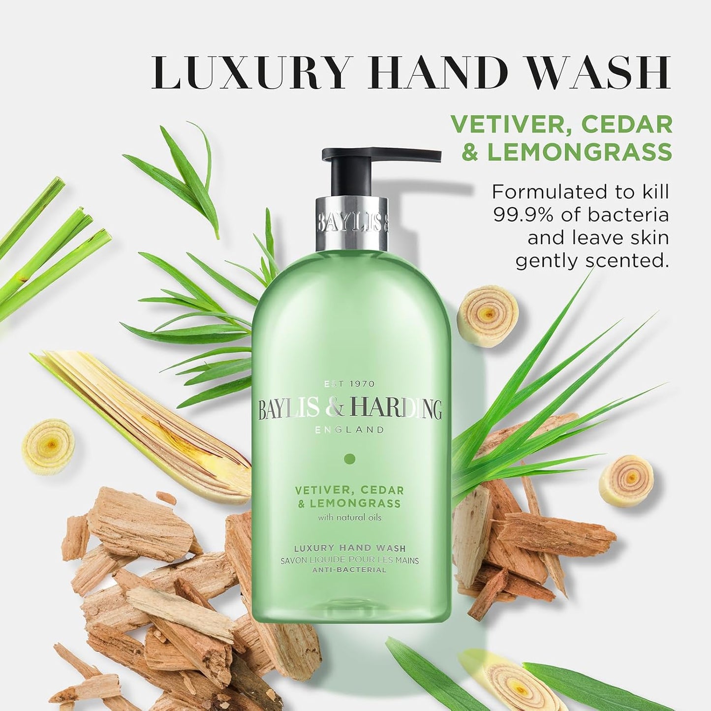 Baylis &amp; Harding Signature Vetiver, Cedar &amp; Lemongrass Anti-Bacterial Hand Wash 500ml (Pack of 3) - Vegan Friendly