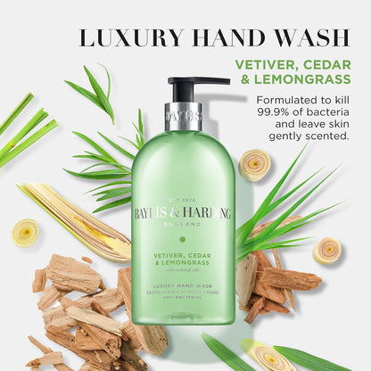 Baylis &amp; Harding Signature Vetiver, Cedar &amp; Lemongrass Anti-Bacterial Hand Wash 500ml (Pack of 3) - Vegan Friendly
