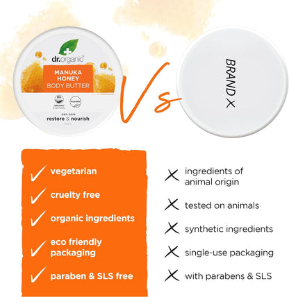 Dr Organic Manuka Honey Body Butter, Moisturising, Dry Skin, Mens, Womens, Natural, Vegetarian, Cruelty-Free, Paraben &amp; SLS-Free, Organic, 200ml