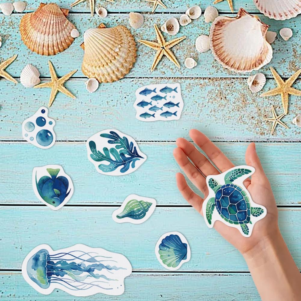 28Pcs 28 Style Large Bathtub Stickers Blue Ocean Theme Design, Shower Floor Anti Slip Decals Sea Turtle Jellyfish Fish Self Adhesive Safety Grips with Scraper for Tub Tiles Bathroom Decor