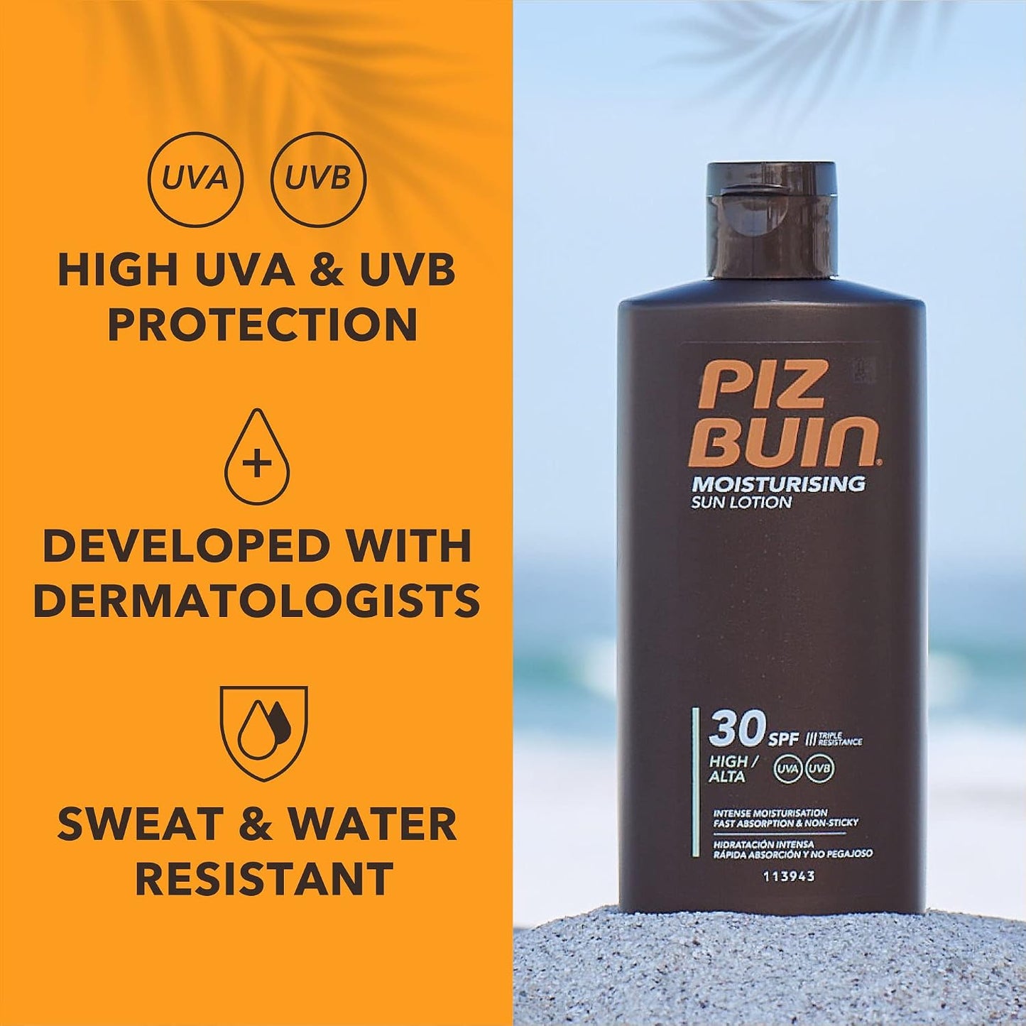 Piz Buin Moisturising Sun Lotion SPF 30 (200ml), Water-Resistant Piz Buin 30 Sunscreen with Advanced UVA/UVB Protection, Skincare with Glycerin and Feverfew PFE Plant Extract