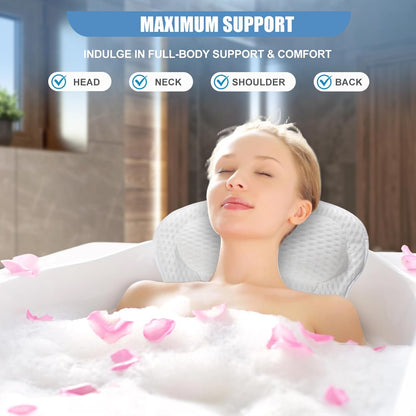 Bath Pillow for Bathtub, Non-Slip Head &amp; Neck Support with 7 Suction Cups, 4D Air Mesh Quick Dry Waterproof, Ergonomic Spa Gift, Machine Washable, White