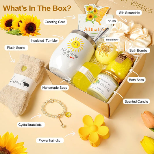Sunflower Gifts for Women, Birthday Hampers Pamper Gifts for Her, Get Well Soon Gift Baskets Self Care Package Relaxation Bath Set Christmas Gifts for Your Mum, Wife, Best Friends