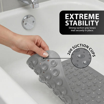 ZENO Bath Mat 100x40cm | Non-Slip Anti-Mould | 200 Suction Cups with Drain Holes | Large Rubber | Machine Washable &amp; Durable | Grey