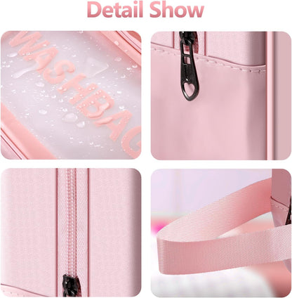 4 Pcs Clear Travel Toiletries Bag for Women, Travel Toiletry Bags Clear Wash Bag for Toiletries, PVC Waterproof Makeup Bag for Women and Girls (Pink)