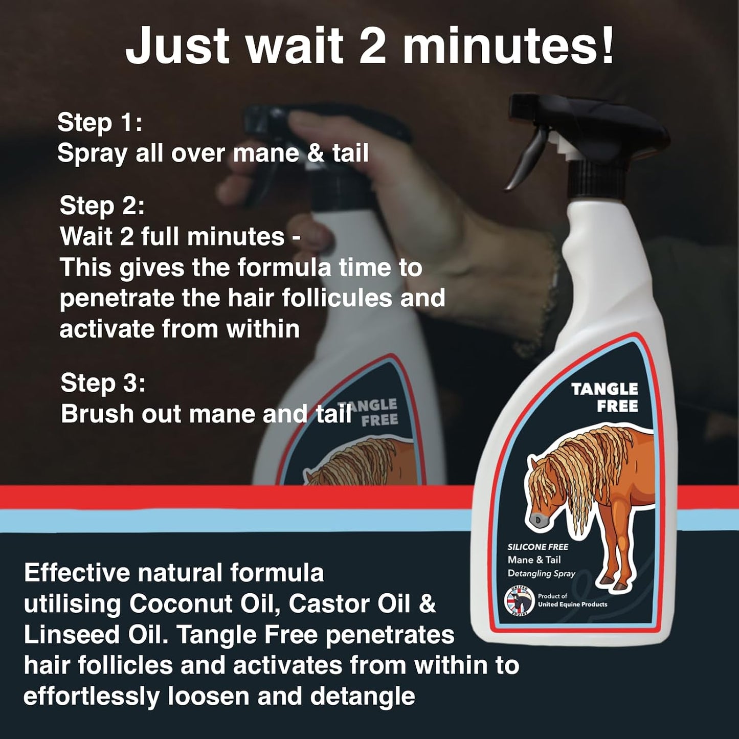 Tangle Free 750ml Mane &amp; Tail Detangler Spray for Horses – Silicone-Free Natural Conditioning Spray – Removes Knots, Moisturises &amp; Strengthens Hair – Supports Healthy Mane &amp; Tail Condition