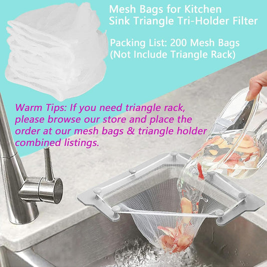 200PCS Large Size Filtering Mesh Bags for Kitchen Sink Triangle Tri-Holder Filter Kitchen Sink Strainer
