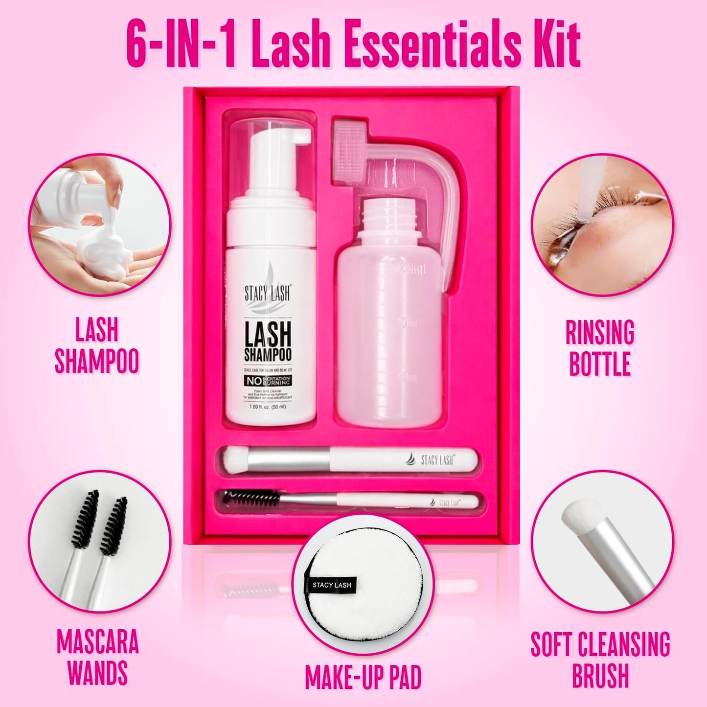Lash Shampoo 50ml Kit by STACY LASH Foaming Cleanser with Eye Lash Spoolies &amp; Rinse Bottle &amp; Cleansing Pad &amp; Brush for Eyelash Extensions &amp; Clusters &amp; Natural Eyelashes