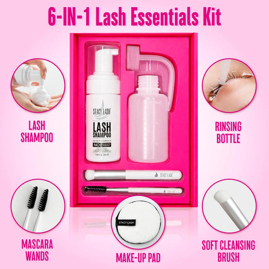 Lash Shampoo 50ml Kit by STACY LASH Foaming Cleanser with Eye Lash Spoolies &amp; Rinse Bottle &amp; Cleansing Pad &amp; Brush for Eyelash Extensions &amp; Clusters &amp; Natural Eyelashes