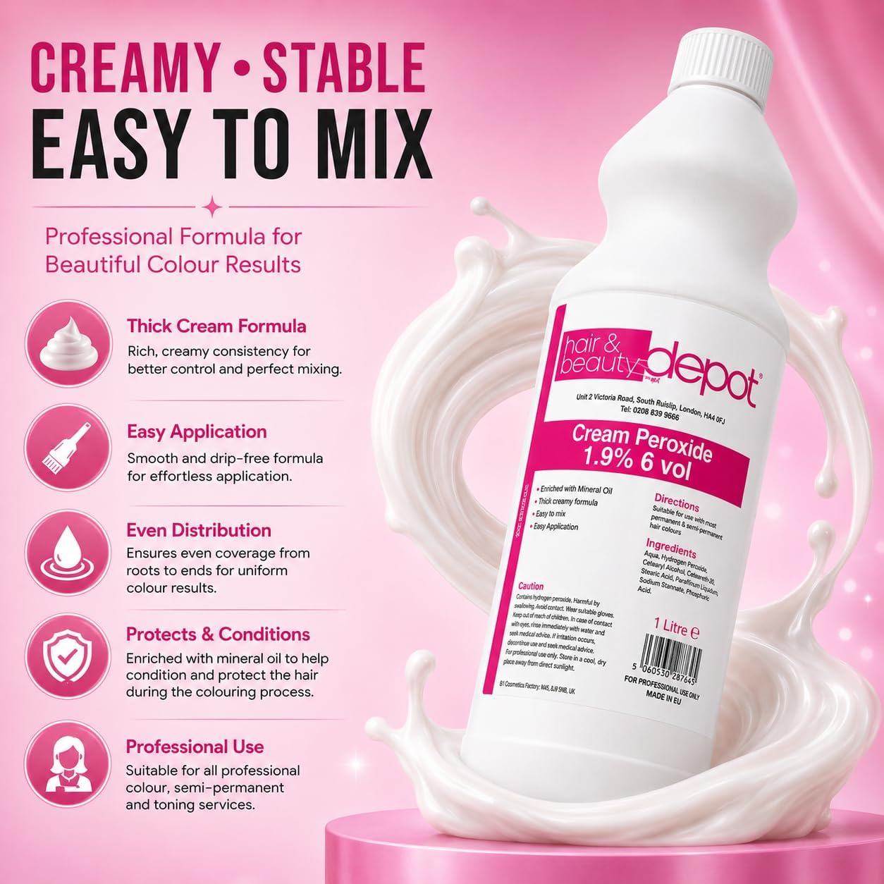 Cream Peroxide 6 Volume 1.9% Developer 1L, Thick Non-Drip Formula, Oxidising Cream for Hair Colour and Toners, Salon Quality