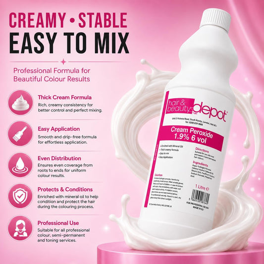 Cream Peroxide 6 Volume 1.9% Developer 1L, Thick Non-Drip Formula, Oxidising Cream for Hair Colour and Toners, Salon Quality