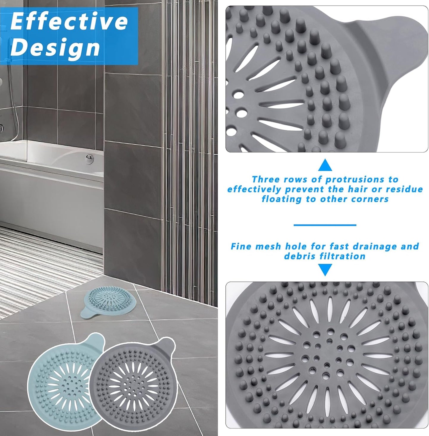 Alyvisun 2Pcs Silicone Shower Drain Hair Catcher with Sucker, Sink Strainer Hair Catcher, Shower Hair Stopper Drain Protector for Bathroom Bathtub Kitchen (Blue + Grey)