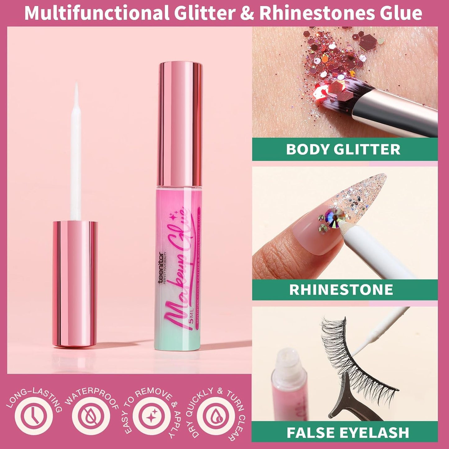 Teenitor Body Glitter with Skin Glue Set, 4 Bottle Face Glitter Makeup &amp; 2 Box Face Gems for Women, Iridescent White Body Glitter Face Glue for Rhinestones for Makeup, Nail Gems with Wax Pencil