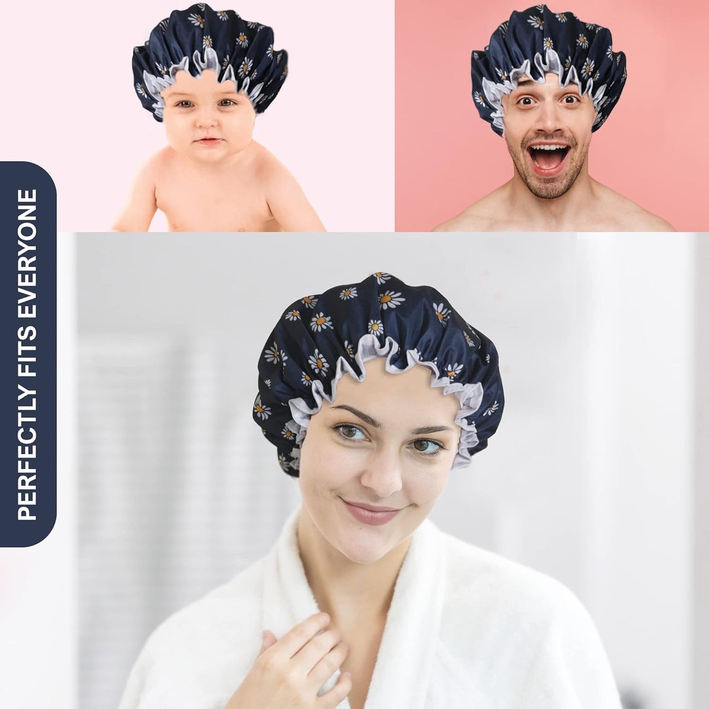 SARG Premium Double Layer Shower Cap for Women with Unique Flower Design- Reusable Shower Cap for Hair - Waterproof Plastic Cap - Shower Caps for Long, Short and Curly Hairs
