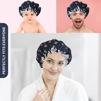 SARG Premium Double Layer Shower Cap for Women with Unique Flower Design- Reusable Shower Cap for Hair - Waterproof Plastic Cap - Shower Caps for Long, Short and Curly Hairs