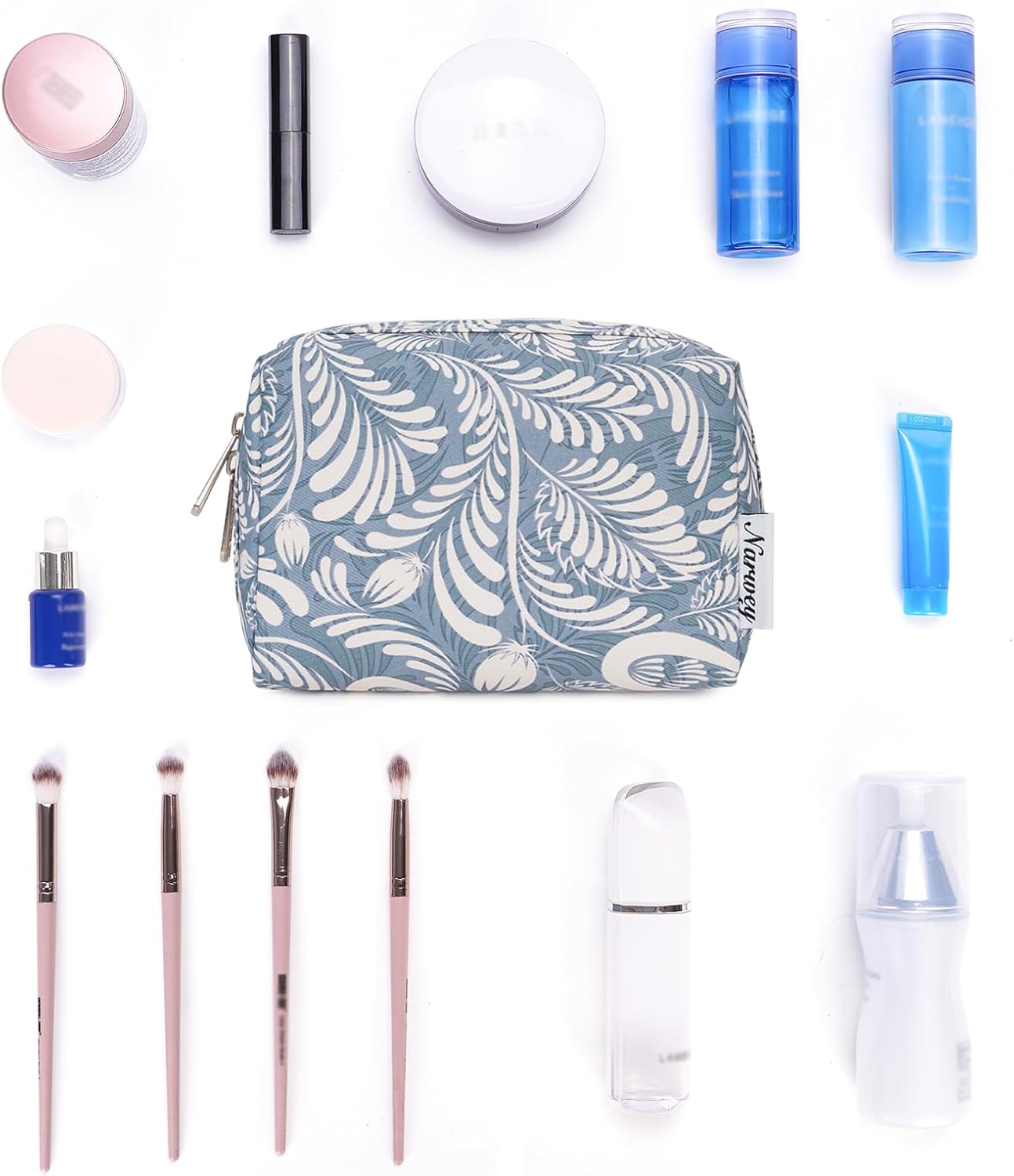 Small Makeup Bag for Handbag Cute Mini Cosmetic Bag PouchTravel Make up Bag for Purse (Blue Leaf, Small)