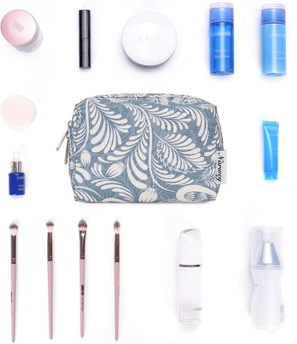 Small Makeup Bag for Handbag Cute Mini Cosmetic Bag PouchTravel Make up Bag for Purse (Blue Leaf, Small)