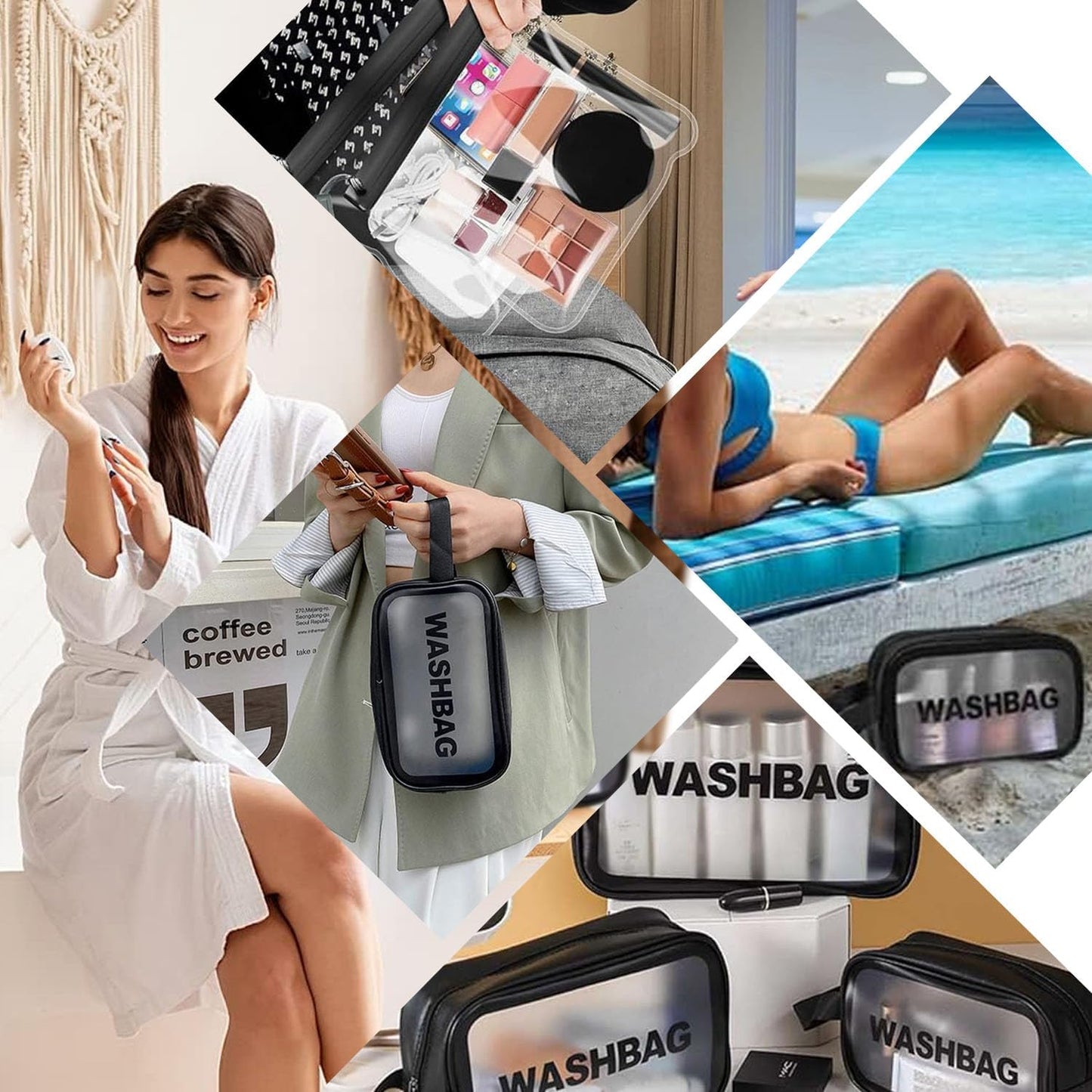 WUBAYI 5Pcs Clear Toiletry Bag, Waterproof PU Makeup Bag with Zipper Handle, Portable Airport Cosmetic Bag for Women &amp; Men, Travel Accessories Wash Bag for Travelling &amp; Holiday (Black)