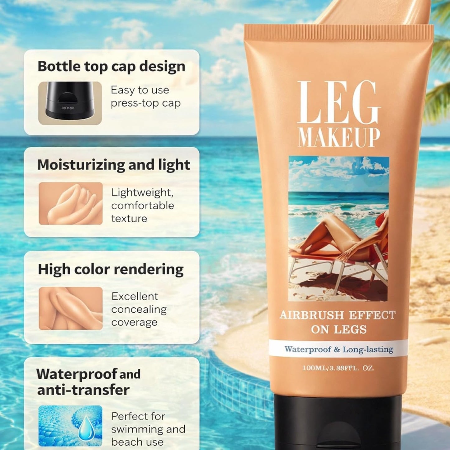 100ml Leg Makeup Waterproof No Transfer,Body Coverage Foundation Full Coverage Waterproof,Leg and Body Makeup to Cover Veins,Long Lasting Moisturizing Concealer,Naturally Blends Skin (#2Medium Tan)