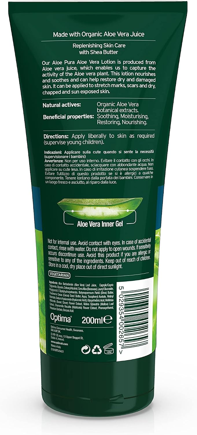 Aloe Pura Organic Aloe Vera Lotion, Natural, Vegetarian, Cruelty Free, Paraben &amp; SLS Free, Soothing, Moisturising, 200 ml