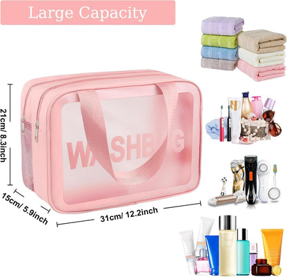 Clear Toiletry Bag, Wet Dry Separation PVC Makeup Cosmetic Bag, Large Capacity PVC Wash Bags with Handles for Women Girls Pink