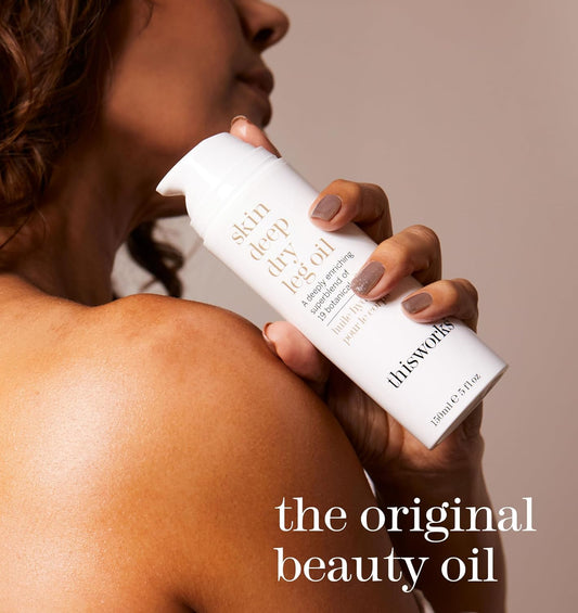 This Works Skin Deep Dry Leg Oil, 150 ml - Body Oil for Dry Skin - Nourishing Body Moisturiser Enriched with 19 Essentials Oils including Sandalwood, Jojoba, Coconut and Rose Oil for a Hydrating Glow