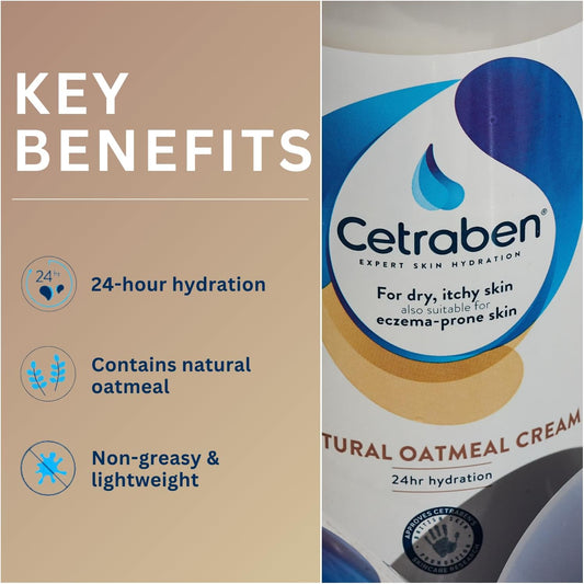 Cetraben Natural Oatmeal Cream, For Dry, Sensitive &amp; Eczema-Prone Skin, Provides 24 Hour Hydration, Soothing, Lightweight and Quick Drying, For Daily use on the Body and Face, 1 x 475g