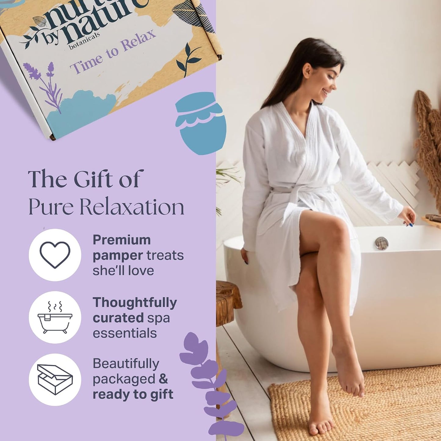 NURTURE BY NATURE Pamper Gifts for Women - 6 Pcs Relaxing Spa Gift Set with Lavender Pillow Spray, Bath Salts &amp; Bath Bomb - Valentines Gifts for Her, Mothers Day Mum Gifts, Birthday Gifts for Women