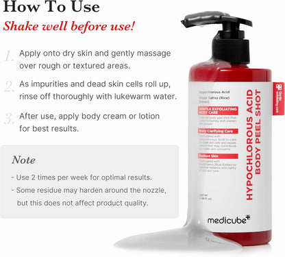medicube Body Peel Shot with Hypochlorous Acid | Gentle Body Exfoliating Serum for Dead Skin Cells, Rough Patches &amp; Uneven Texture | Rice Extract, Panthenol for Hydrating &amp; Smoothing Care | 9.46 fl.oz