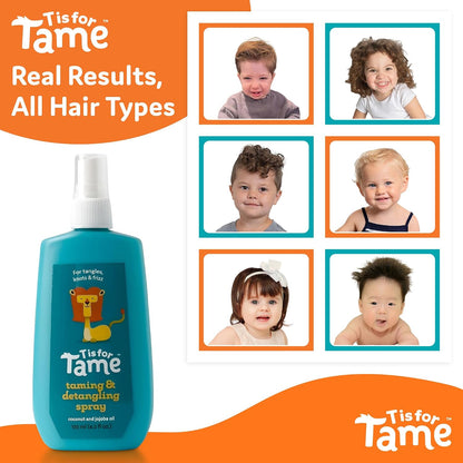 T is for Tame Detangler - Taming and Detangling Spray for Babies, Toddlers &amp; Kids – Effortlessly Untangles Knots, Calms Frizz &amp; Static for Smooth, Manageable Hair. 125mL