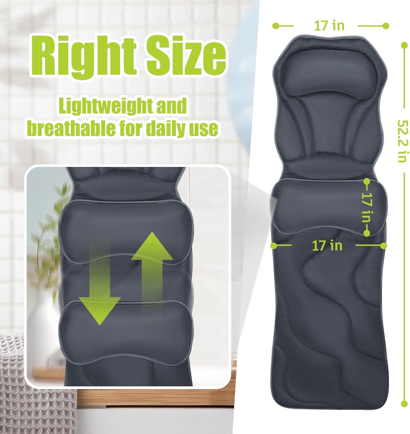 Full Body Bath Pillow for Tub, Bathtub Pillow with Removable Lumbar Pillow, 3D Air Mesh Spa Bath Cushion, 168 Suction Cups, Tub Pillow for Head, Neck, Back and Legs Support, Bathtub Accessories
