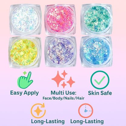 6 Colors Glow in the Dark Festival Face Glitter Gel, Hair &amp; Body, Self-Adhesive Chunky Glitter Paint for Parties, Raves, Neon &amp; Luminous Effects for Dazzling Festival Looks (6 Colours Neon Glow)