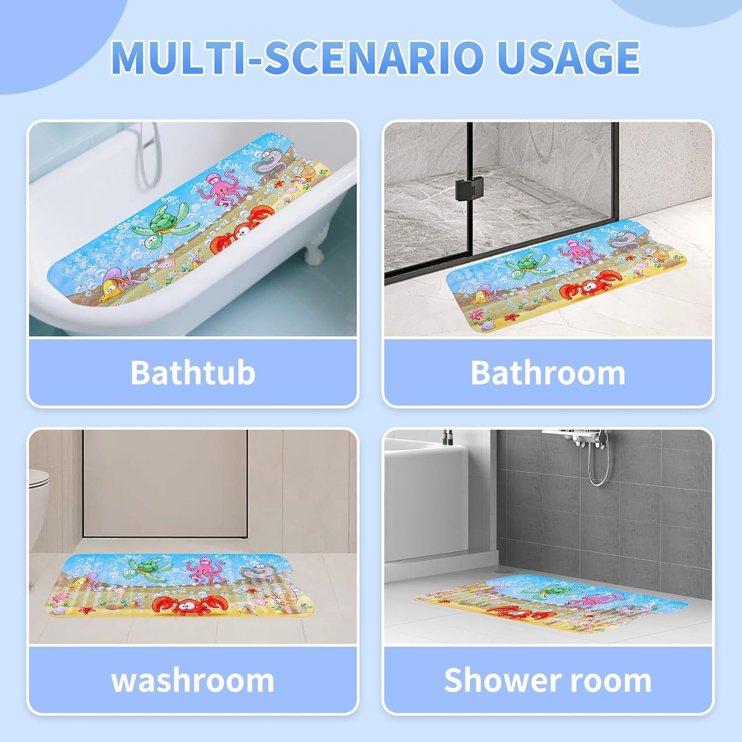 Baby Bath Mats Non Slip Anti Mould 100x40cm Bathtub Mats Extra Long Bath Shower Tub Mat with Suction Cup and Drain Holes,Sea Turtle Cartoon Kids Bath Mat,Machine Washable,for Bathroom Floor