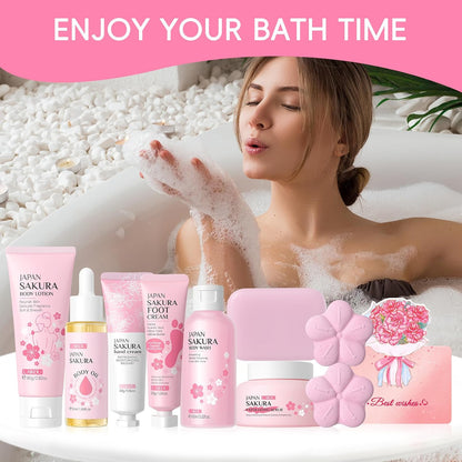 LAIKOU Sakura Bath Gift Set, Pamper Gifts for Women, Body Lotion Body Wash Scrub Hand Cream and More, Unique Self Care Package, Mothers Day Christmas Birthday Gift Ideas for Her Friend Sister Mum Wife
