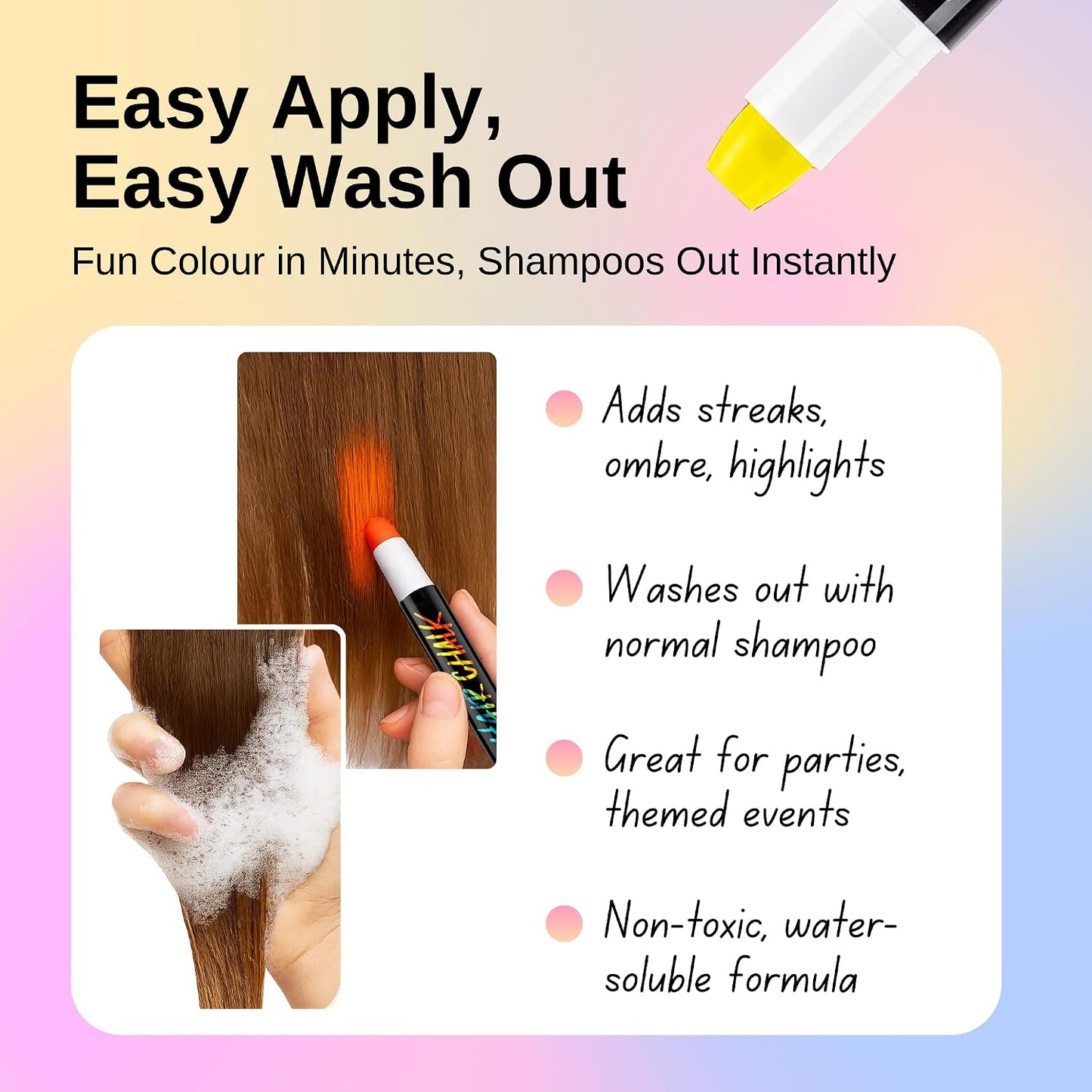 Straame Washable Hair Chalk Set (10 Colours) — Twist-Up Chalk Pens, Easy Apply, Shampoo Rinse-Off Temporary Hair Dye For Kids, Teens &amp; Adults | Fun Streaks for Parties, Birthdays &amp; School Dress-Up