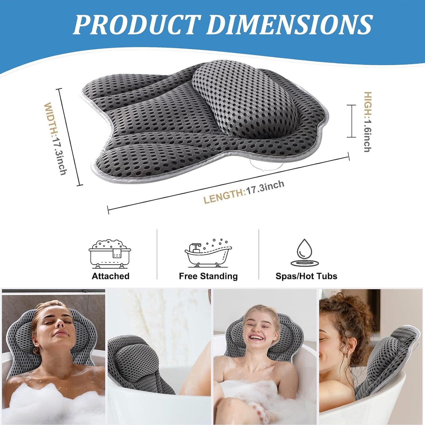 Bath Pillow, 4D Air Mesh Technology Ergonomic Bath Pillow, Luxury Head &amp; Neck &amp; Back Support Bath Cushion with 6 Powerful Suction Cup Fits All Bathtubs &amp; Hot Tub &amp; Home Spa (Grey)