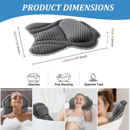 Bath Pillow, 4D Air Mesh Technology Ergonomic Bath Pillow, Luxury Head &amp; Neck &amp; Back Support Bath Cushion with 6 Powerful Suction Cup Fits All Bathtubs &amp; Hot Tub &amp; Home Spa (Grey)