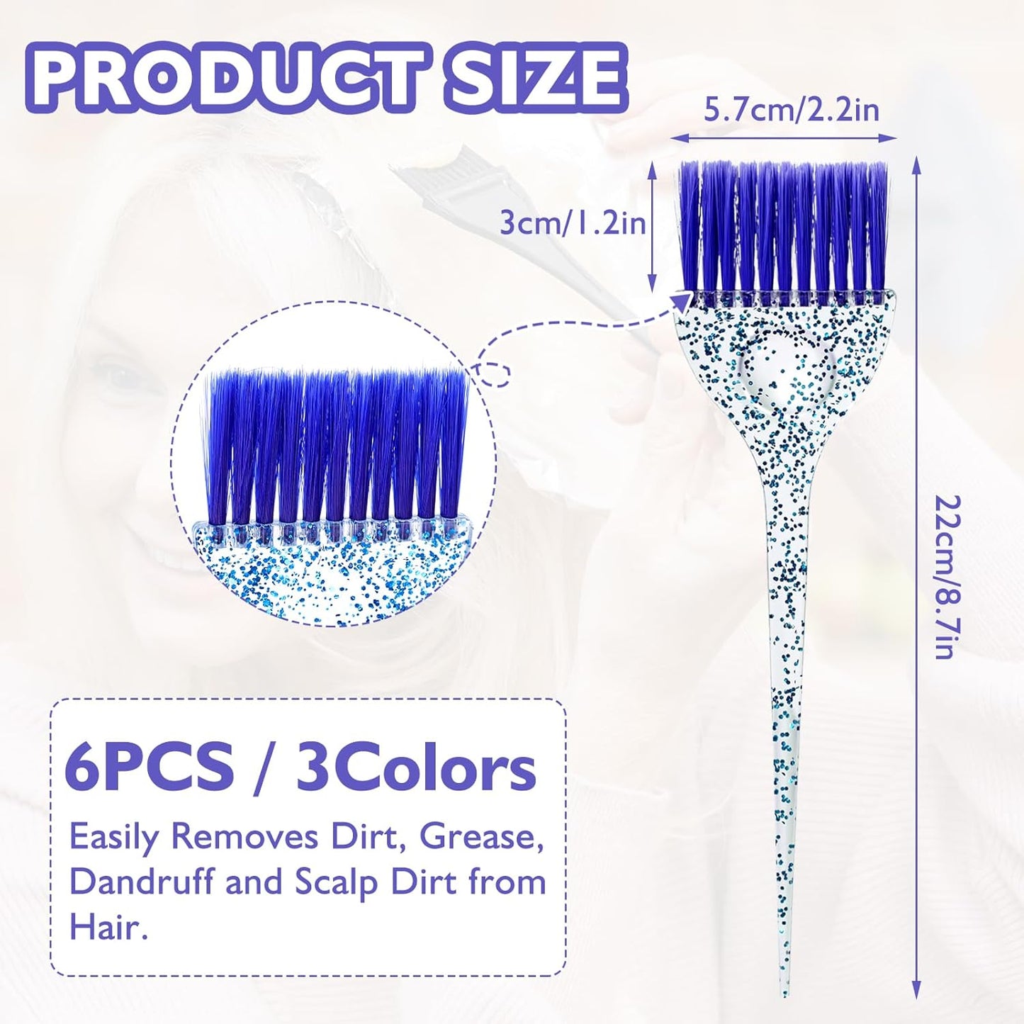 ASTER 6-Piece Hair Dye Brush Set - Soft Bristle Tint Brushes with Glitter Handle for DIY Salon Hair Dyeing, 3 Colors