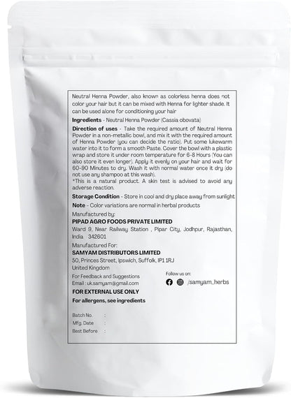 SAMYAM COLORLESS/Neutral Henna (Cassia obovata) Powder - 200g Pack | Natural Hair Conditioner, PPD and Chemical Free