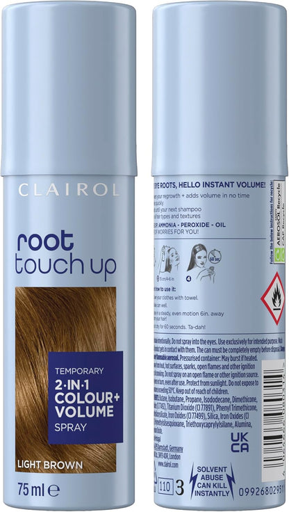 Clairol Root Touch Up Spray, Temporary Grey Coverage &amp; Volume 2-in-1 Spray, Light Brown, 75ML