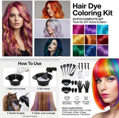 20Pcs Hair Colouring Kit, with Hair Dye Bowl and Brush Kit and Accessories, Reusable Tools for DIY and Salon Use