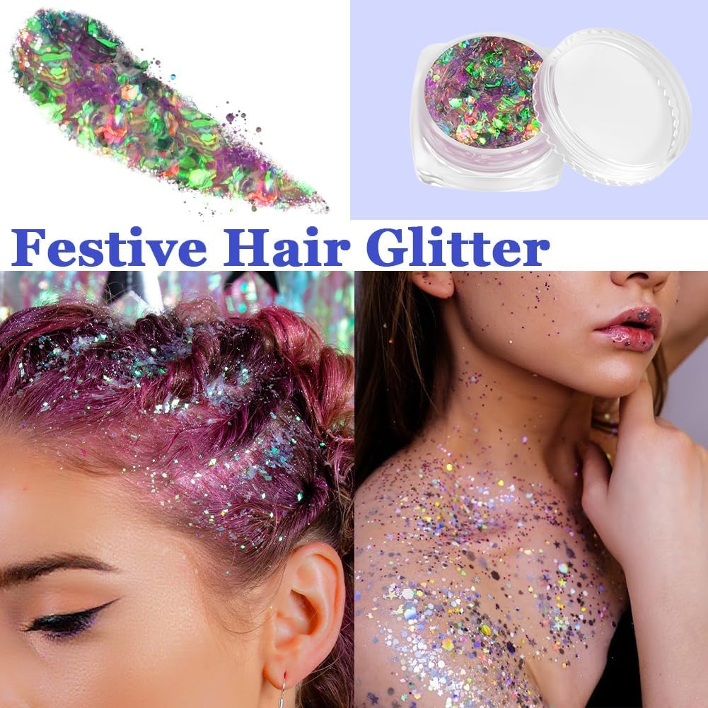 AOOWU Body and Face Glitter Makeup Gel, 6 Colors Cosmetic Reflective Chunky Glitter, Festival Hair Glitters, Body Gel Sequins Shimmer Liquid Eyeshadow, Mermaid Sequins Holographic Glitters Gels