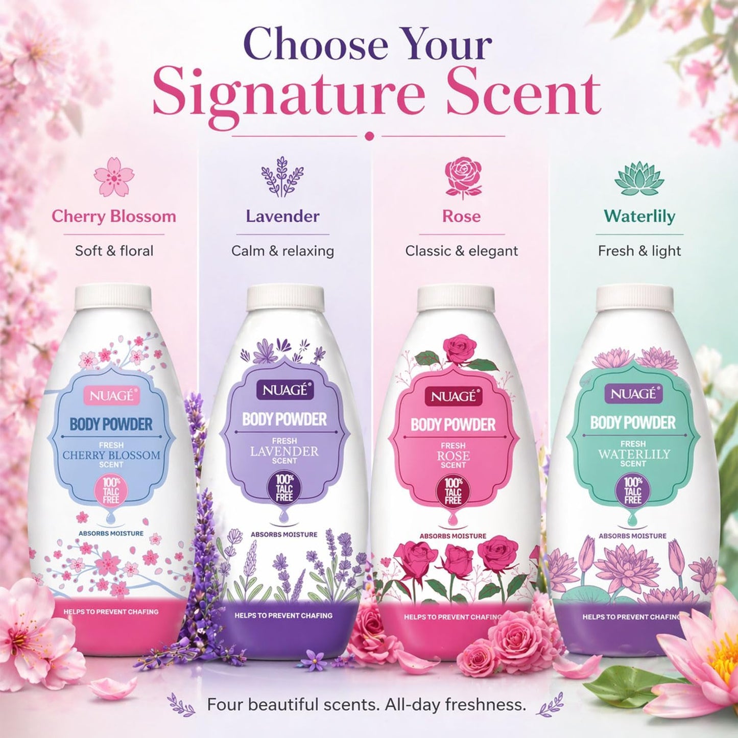 Nuage Talc-Free Body Powder 4 Pack, 250g Each – Lavender, Rose, Cherry Blossom &amp; Waterlily, Moisture-Absorbing Fragranced Powder, Helps Prevent Chafing, Leaves Skin Soft &amp; Smooth