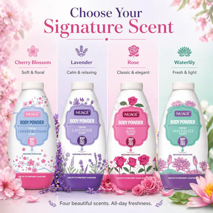 Nuage Talc-Free Body Powder 4 Pack, 250g Each – Lavender, Rose, Cherry Blossom &amp; Waterlily, Moisture-Absorbing Fragranced Powder, Helps Prevent Chafing, Leaves Skin Soft &amp; Smooth